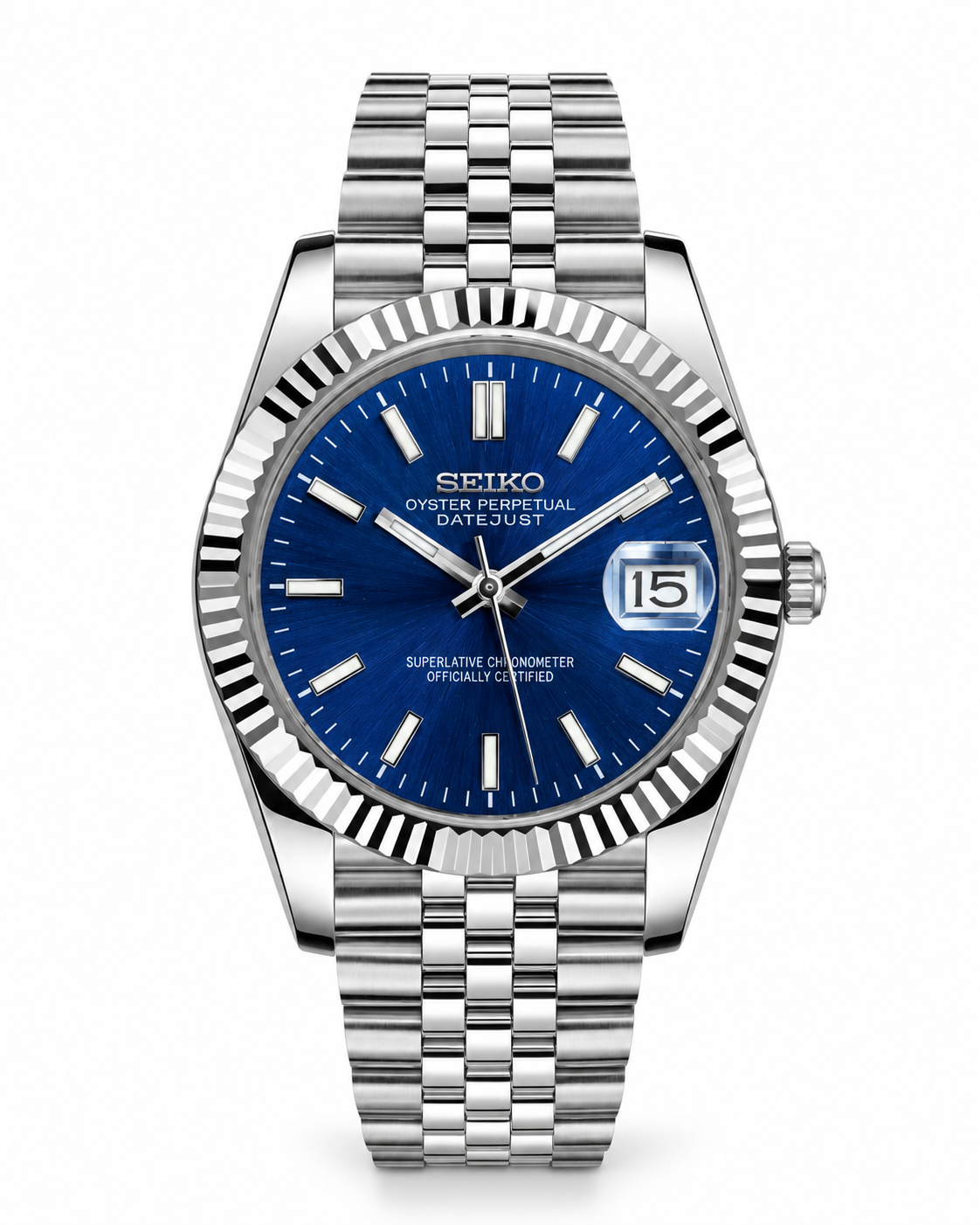 SEIKO Silver Stainless Steel Watch Fluted Bezel Blue Sunburst Dial Jubilee Bracelet Premium Automatic Watch – Men