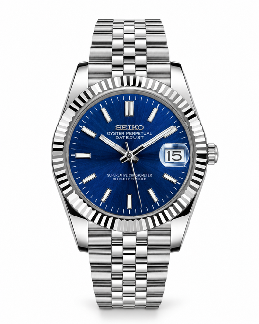 SEIKO Silver Stainless Steel Watch Fluted Bezel Blue Sunburst Dial Jubilee Bracelet Premium Automatic Watch – Men