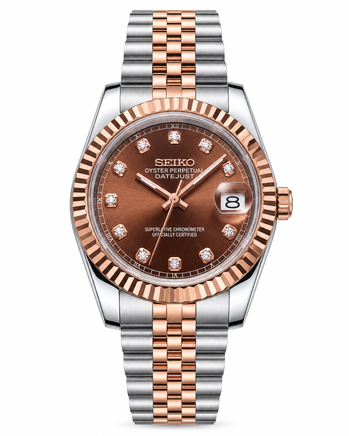 Seiko Two-Tone Rose Gold Watch Fluted Bezel Brown Sunburst Dial Diamond Hour Markers Stainless Steel Jubilee Bracelet – Men