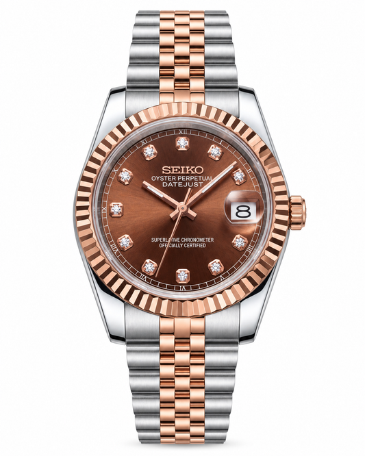 Seiko Two-Tone Rose Gold Watch Fluted Bezel Brown Sunburst Dial Diamond Hour Markers Stainless Steel Jubilee Bracelet – Men