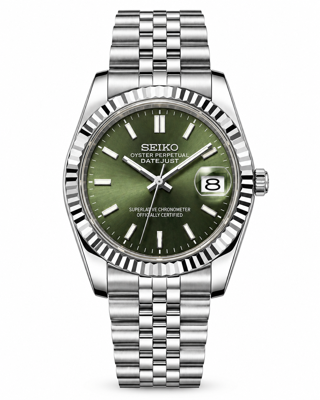 Luxury Silver Stainless Steel Watch Fluted Bezel Green Sunburst Dial Jubilee Bracelet Premium Automatic Watch – Men
