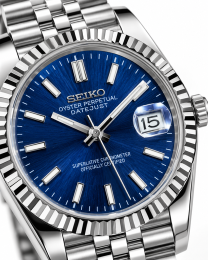 SEIKO Silver Stainless Steel Watch Fluted Bezel Blue Sunburst Dial Jubilee Bracelet Premium Automatic Watch – Men