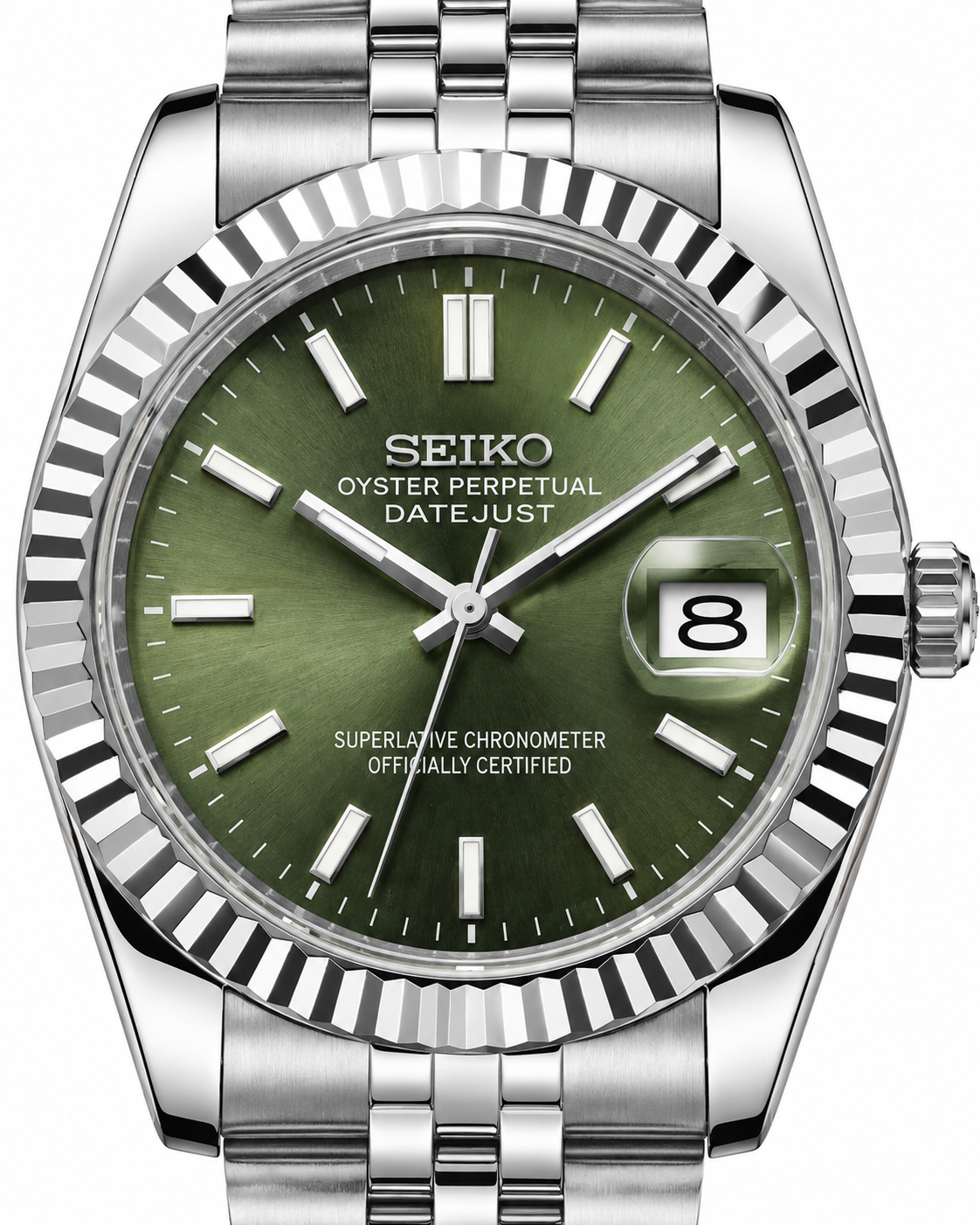 Luxury Silver Stainless Steel Watch Fluted Bezel Green Sunburst Dial Jubilee Bracelet Premium Automatic Watch – Men