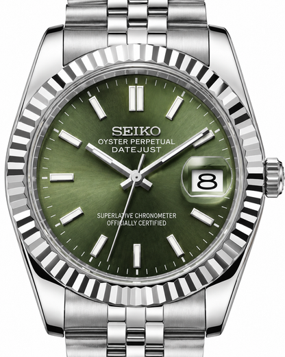 Luxury Silver Stainless Steel Watch Fluted Bezel Green Sunburst Dial Jubilee Bracelet Premium Automatic Watch – Men