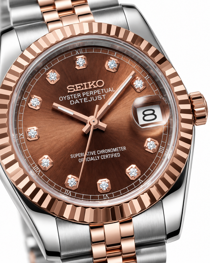 Seiko Two-Tone Rose Gold Watch Fluted Bezel Brown Sunburst Dial Diamond Hour Markers Stainless Steel Jubilee Bracelet – Men
