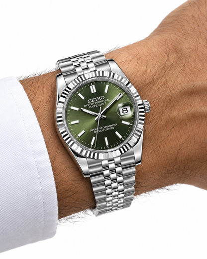 Luxury Silver Stainless Steel Watch Fluted Bezel Green Sunburst Dial Jubilee Bracelet Premium Automatic Watch – Men