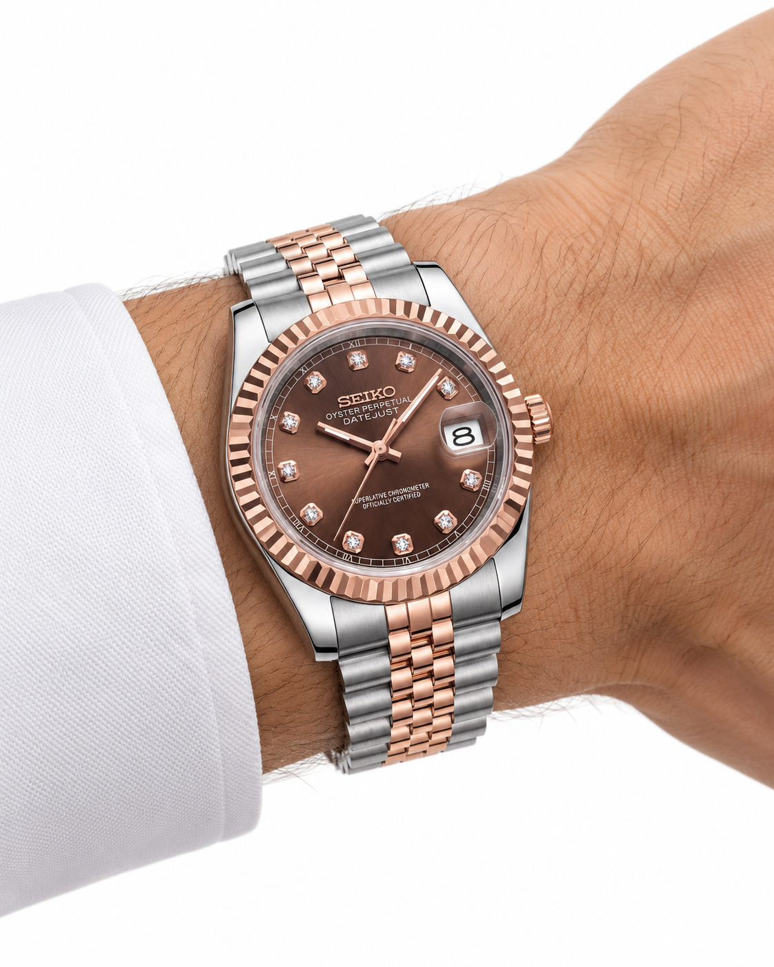 Seiko Two-Tone Rose Gold Watch Fluted Bezel Brown Sunburst Dial Diamond Hour Markers Stainless Steel Jubilee Bracelet – Men