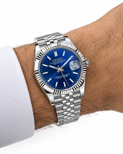 SEIKO Silver Stainless Steel Watch Fluted Bezel Blue Sunburst Dial Jubilee Bracelet Premium Automatic Watch – Men