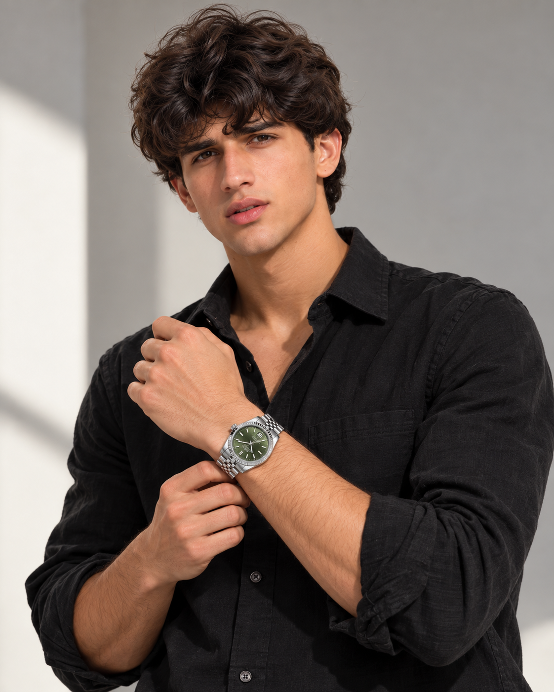 Luxury Silver Stainless Steel Watch Fluted Bezel Green Sunburst Dial Jubilee Bracelet Premium Automatic Watch – Men