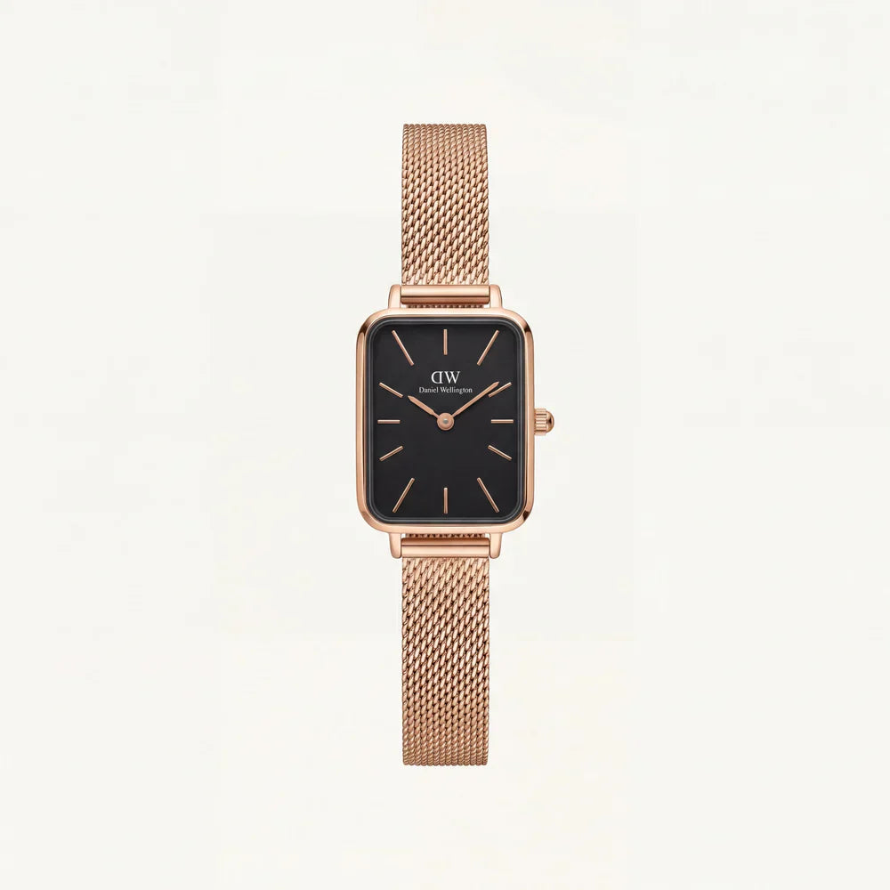 Rose Gold Rectangular Black Dial Mesh Strap Minimal Watch