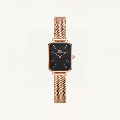 Rose Gold Rectangular Black Dial Mesh Strap Minimal Watch