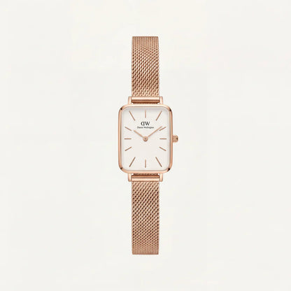 Rose Gold Rectangular White Dial Mesh Strap Minimal Watch
