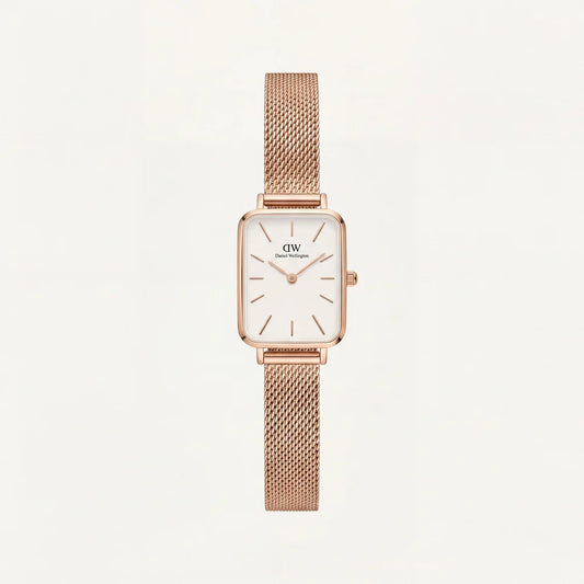 Rose Gold Rectangular White Dial Mesh Strap Minimal Watch