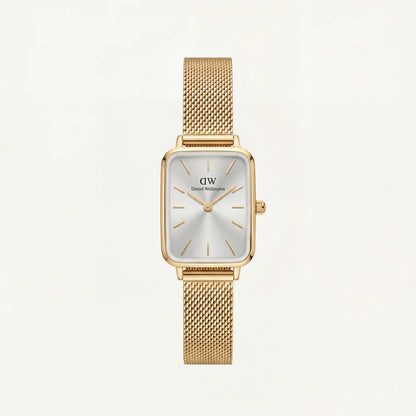 Gold Rectangular Silver Sunray Dial Mesh Strap Watch