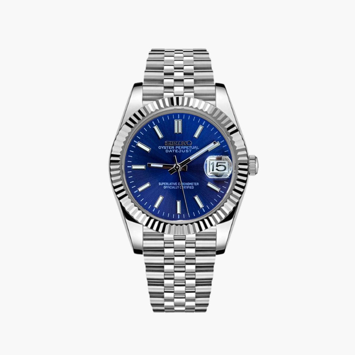 SEIKO Silver Stainless Steel Watch Fluted Bezel Blue Sunburst Dial Jubilee Bracelet Premium Automatic Watch – Men