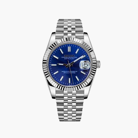 SEIKO Silver Stainless Steel Watch Fluted Bezel Blue Sunburst Dial Jubilee Bracelet Premium Automatic Watch – Men