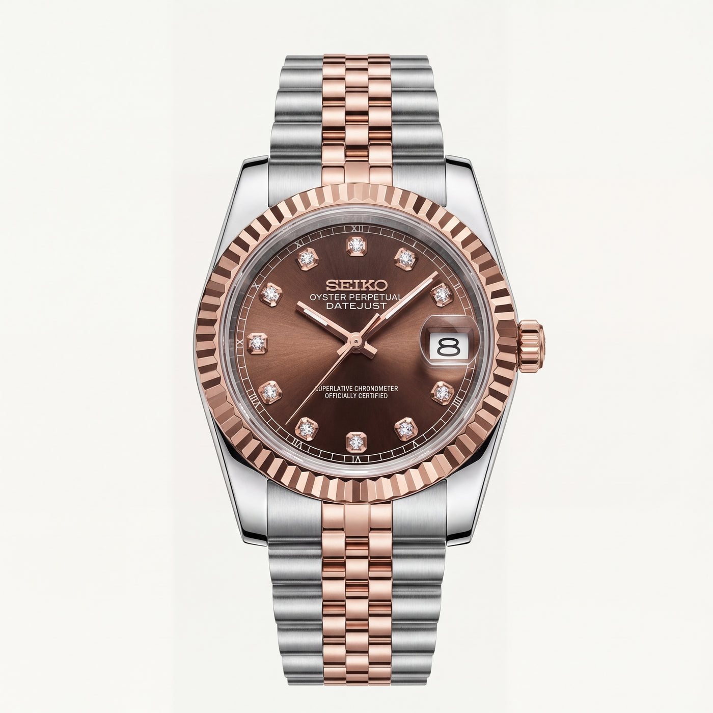 Seiko Two-Tone Rose Gold Watch Fluted Bezel Brown Sunburst Dial Diamond Hour Markers Stainless Steel Jubilee Bracelet – Men